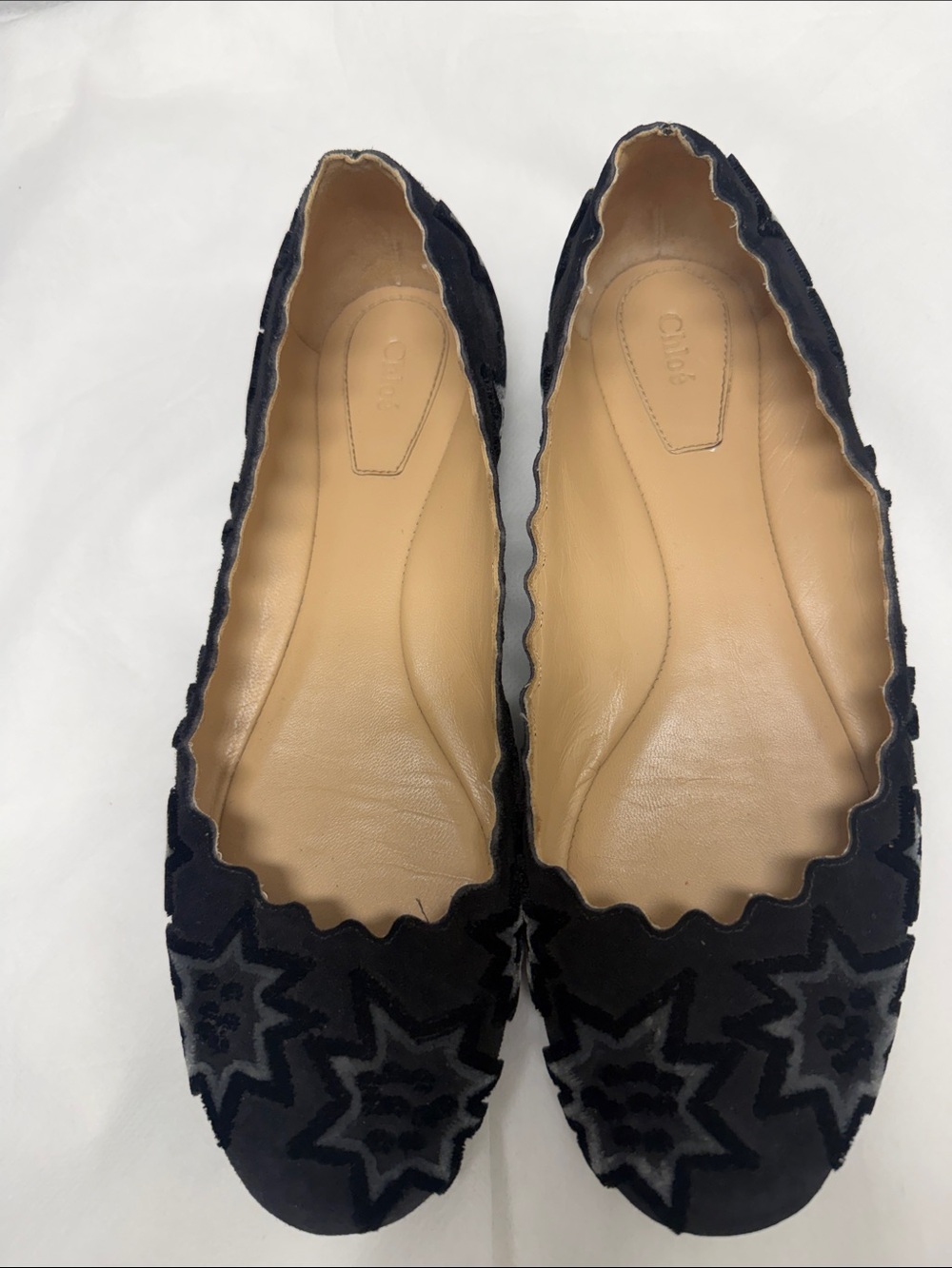 Chloe Black Scalloped Star Suede Ballet Flats